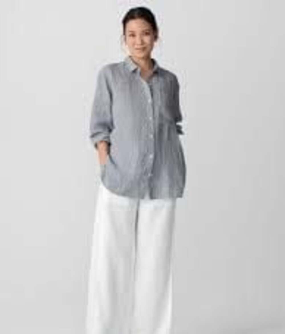 Eileen Fisher  Organic Cotton Long Sleeve Button-Front Linen Shirt in Grey XS